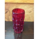 Whitefriars ruby glass bark vase, designed by Geoffrey Baxter