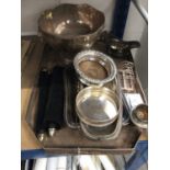 Collection of silver plate, including large tray, bowl, wine coasters, etc