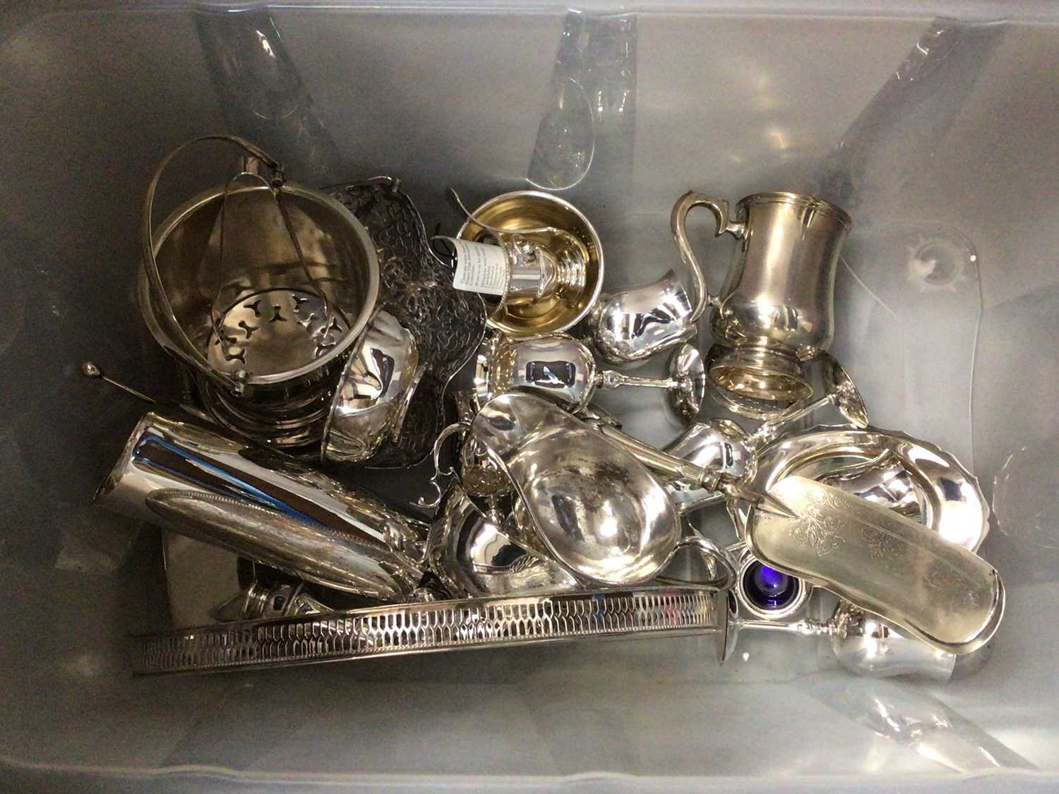 Box of silver plate, including an ice bucket and tongs, sauceboats, etc, together with other metal w