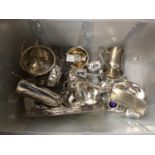 Box of silver plate, including an ice bucket and tongs, sauceboats, etc, together with other metal w