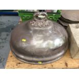 Large Victorian Sheffield Plate meat dome with silver let-in, scrollwork handle, 51cm across