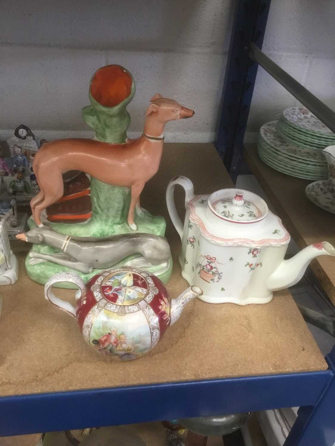 Meissen porcelain teapot (cancelled mark so a 'second'), Newhall teapot, Staffordshire greyhound