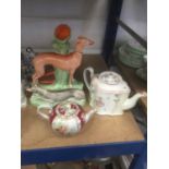 Meissen porcelain teapot (cancelled mark so a 'second'), Newhall teapot, Staffordshire greyhound