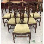 Set of six George III style mahogany dining chairs, each with arched pierced back and slip in seat,