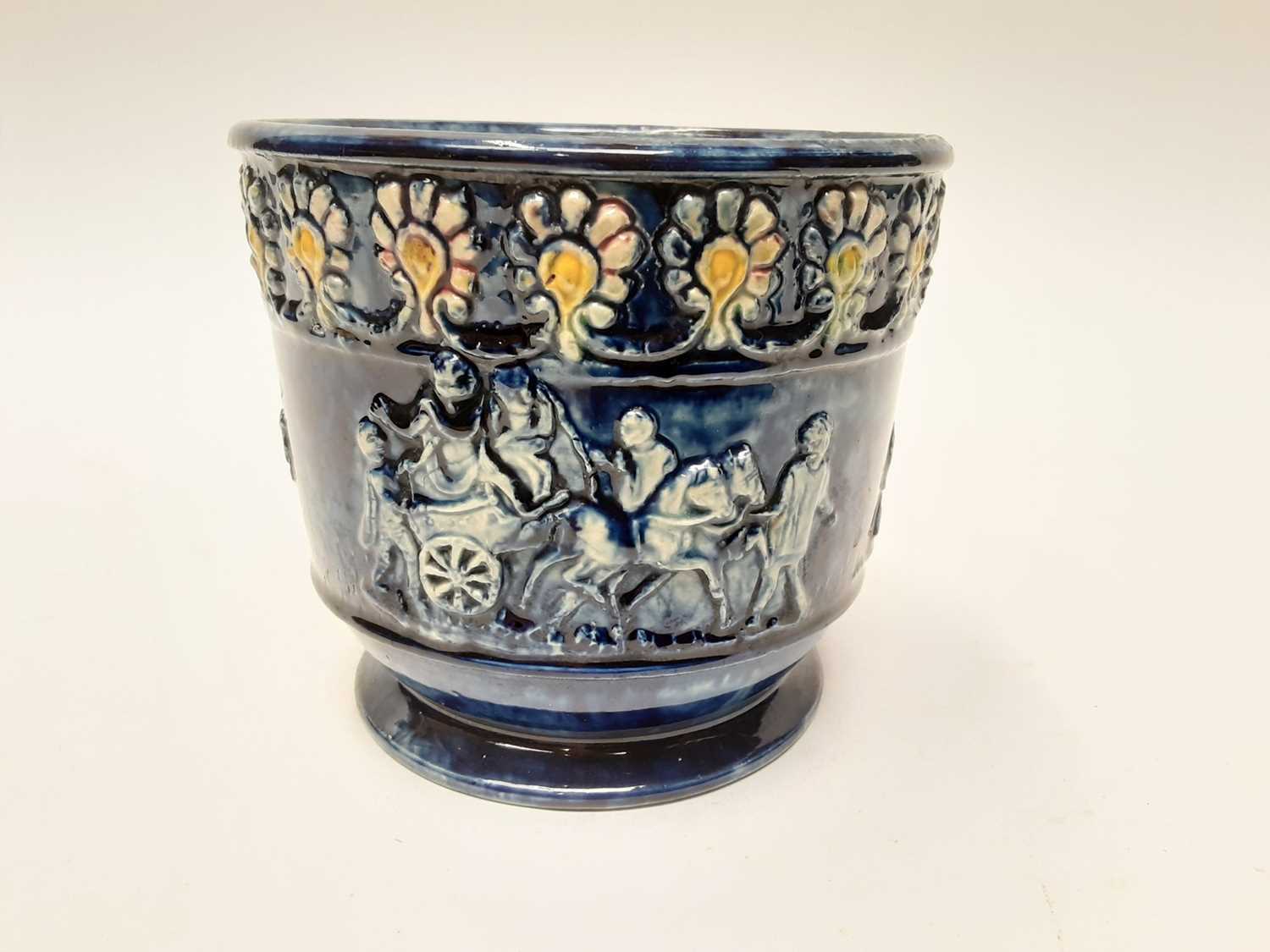 Castle Hedingham Edward Bingham blue glazed pottery vase/jardinière decorated with horse and cart, f