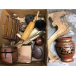Two boxes of treen and sundries to include carpet bowls (2 boxes)
