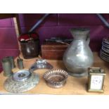 Pewter 1 Gallon ever plus three other measures, crocodile Gladstone bag, barometer with stone surrou