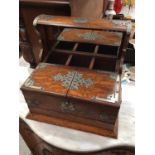 Edwardian oak framed tantalus/ cigar/ gaming box