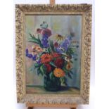 1930s/40s oil on board - still life of summer flowers, indistinctly signed, 48cm x 33cm, in painted