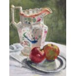 Ian Roner, pair of contemporary oils on board - still life of teapot, jug and apples, signed, 29cm x