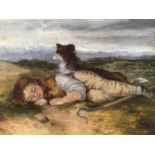 English School, late 19th century, oil on canvas - Resting Shepherd, initialled and dated '81, 19cm
