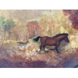 Early/Mid 20th century Naive oval oil on board - mare and foal in landscape, 28cm x 38cm, framed