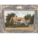 19th century sand picture entitled 'The Dairymans Cottage...', in original decorative mount and glaz