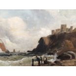 G. Stanley, late 19th century oil on canvas - shipping off the coast with castle ruins, signed, 24cm