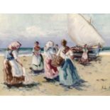 French School, 20th century, oil on canvas - fisherfolk on the shore, indistinctly signed, 18cm x 32