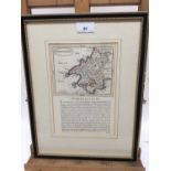 18th century hand coloured engraved map of Pembrokeshire, 23cm x 16cm, in glazed frame