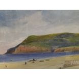 Victorian English School watercolour - Dunose from Sandown Bay, with bathing huts on the beach, insc