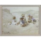 Edward Van Goethem (1857 - 1924), watercolour, Children sitting on a sand dune, in gilt frame,