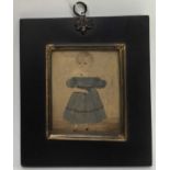 English school, early 19th century naive watercolour of a child with a whip, 9 x 7cm, glazed ebonise