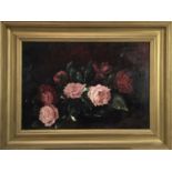 Eley McQueen (circa 1983), oil on board, "Roses", signed, also inscribed verso, in gilt frame. 30