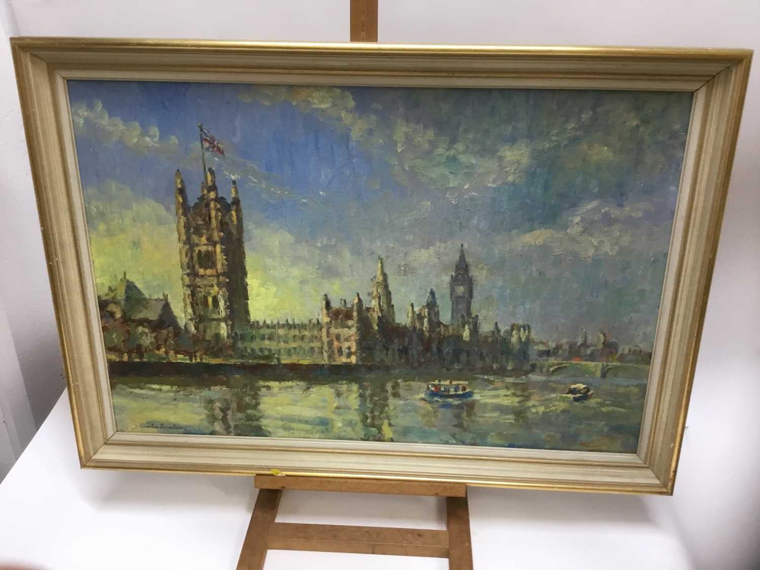Charles Brooker (20th century) oil on board - Houses of Parliament from the Thames - Image 2 of 6