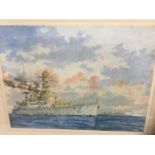 Mid 20th century watercolour depicting H.M.S. Repulse as sea, signed Barry and dated '40, 25cm x 34c
