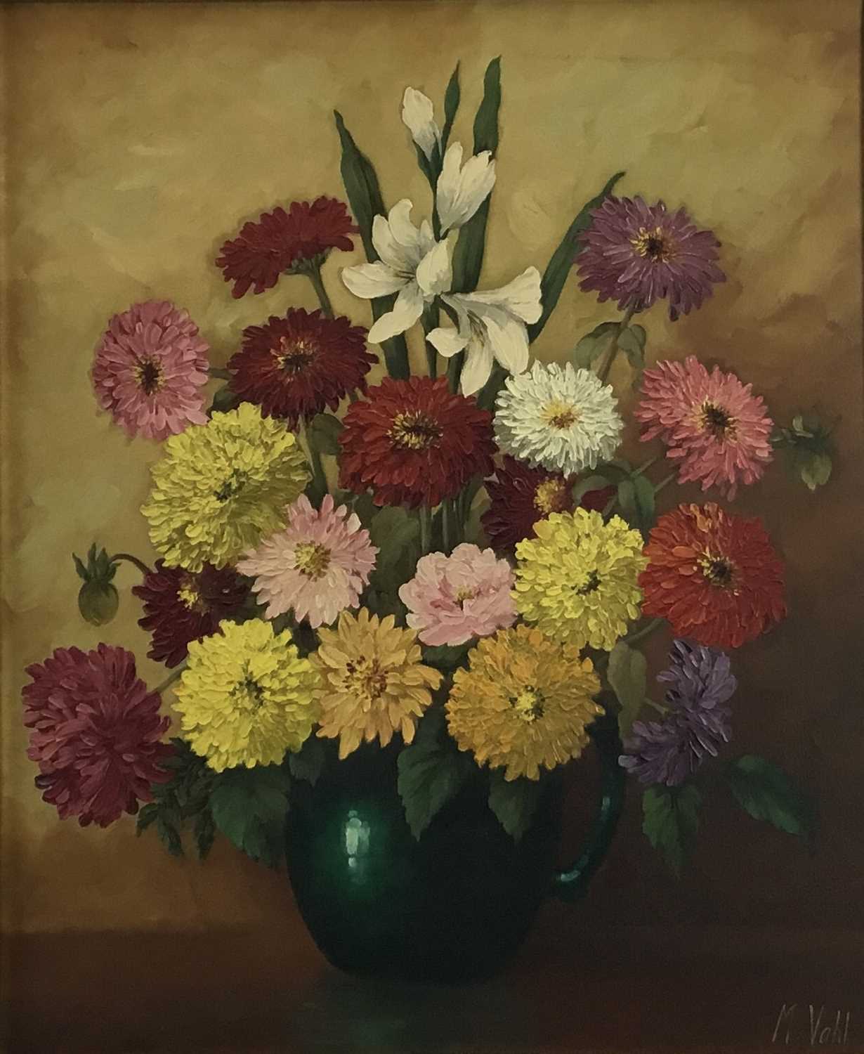 Magdalene Vahl, Canadian School, 20th century, oil on canvas - still life entitled Zinnias and Marig