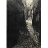 Arthur Oldham (Contemporary) charcoal, Bruges Alleyway, signed and dated 2000, 69 x 48cm, glazed fra