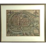 17th century hand coloured engraving- map of Exeter