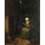 Follower of Teniers, 19th century, oil on panel, Seated figure in an interior, 24.5 x 19cm, gilt fra