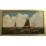 19th Century English School, oil on canvas, A fishing vessel off the coast, a merchant ship beyond,