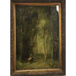 Continental School, 19th century, oil on panel, figure in woodland, indistinctly signed, 27 x 20cm,