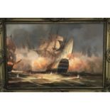 James Hardy, 20th century, Broadside, a Naval Sea Battle by Night, signed, oil on canvas laid on boa