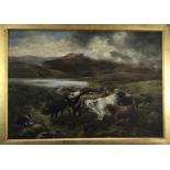 After Henry Garland (act. 1854-1890) oil on canvas, Sheepdog and highland cattle before a loch, indi