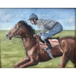 David Baxter of Norwich, oil on board, A racehorse with jockey up, signed, in gilt frame. 24 x