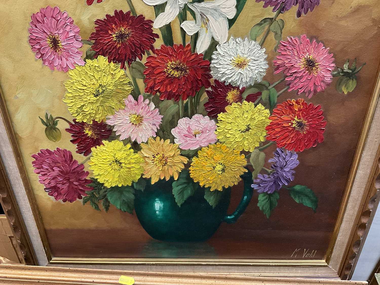 Magdalene Vahl, Canadian School, 20th century, oil on canvas - still life entitled Zinnias and Marig - Image 7 of 7