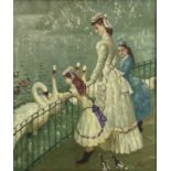 Felix Rossi, oil on board, An elegant lady and her children feeding swans, signed, in painted fram