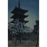 Japanese woodblock print in frame, depicting a female figure holding a parasol with a pagoda in the