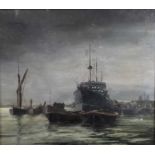 English School, mid 20th May, oil on canvas board - shipping at anchor at dusk, indistinctly signed,