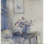 Mid 20th century watercolour of a interior with vase of flowers, indistinctly signed, together with