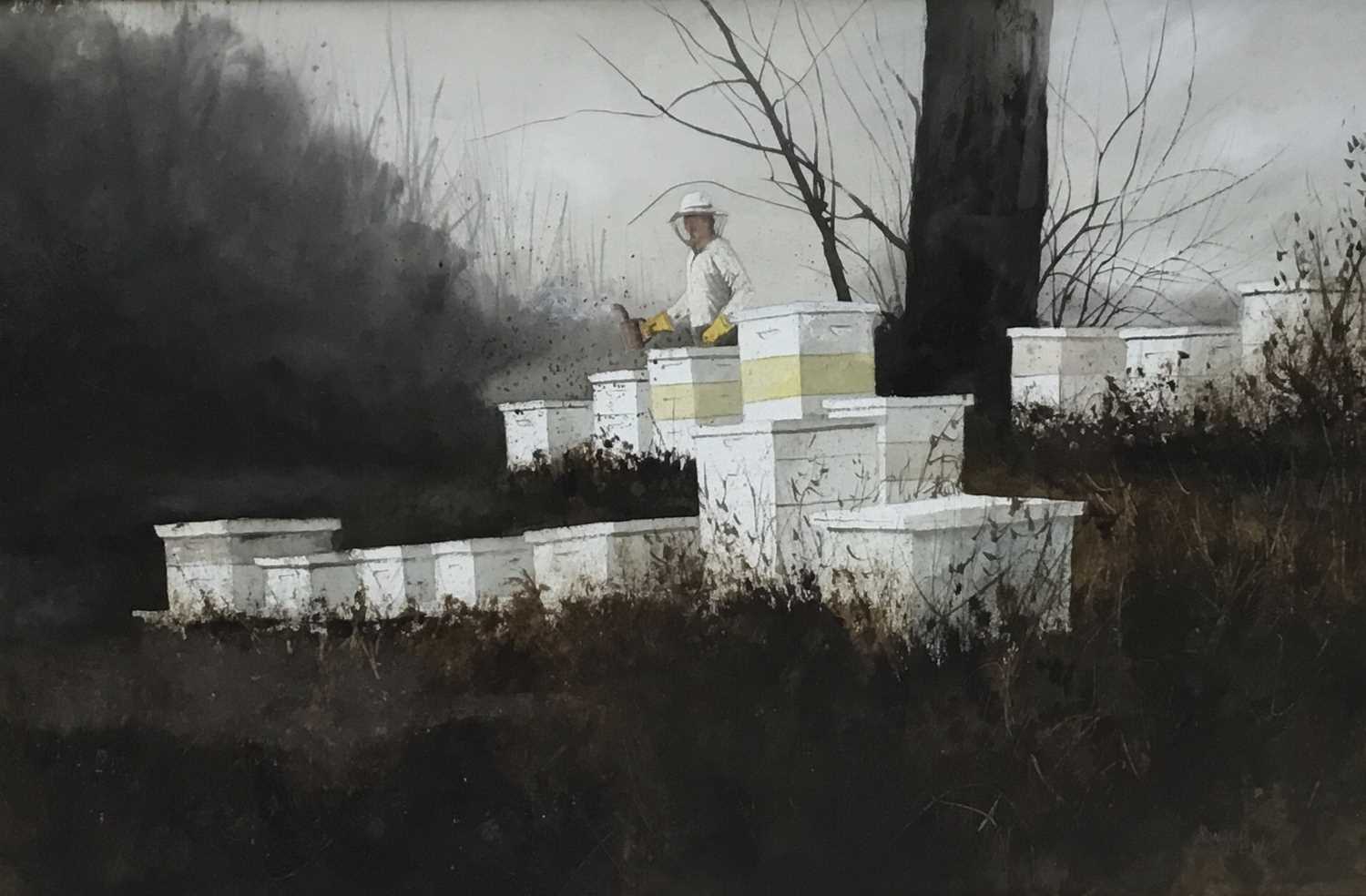 Ronald Lewis (American) watercolour painting of a beekeeper