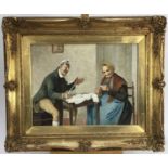 Late 19th Century Italian School An elderly couple seated at a table winding wool, oil on canvas,