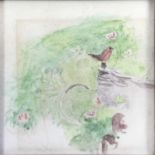 Manner of Mary Potter, watercolour, Robin red breast, 10 x 10cm apparently unsigned, glazed frame. P