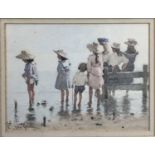 Edward Van Goethem (1857 - 1924), watercolour, Children paddling at the beach, signed, in gilt fra