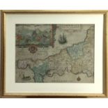 William Kip - 17th century hand coloured engraving- map of Cornwall