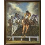 B. Arnete, oil on canvas board, "Taking a fence", signed, on stained and gilt frame. 49 x 39cm.