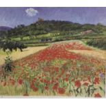 Frederick Gore (1919-2003) lithographic print, Continental landscape with poppies, Lacoste, signed a