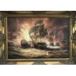 James Hardy, 20th century, an extensive sea battle by night, signed, oil on canvas laid on board