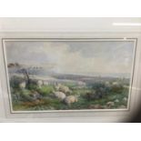 Follower of Thomas Sidney Cooper, watercolour, sheep on a headland, 22 x 38cm, glazed frame