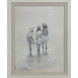 Edward Van Goethem (1857 - 1924), watercolour, Three children paddling, signed, in gilt frame.